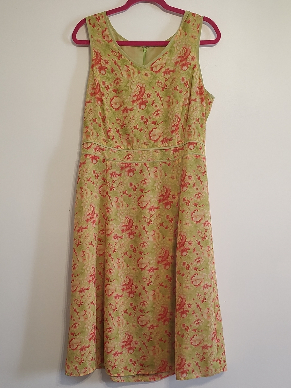 Sleeveless Green Floral Dress with Coral Accents